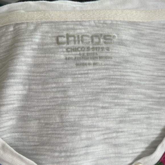 Chico’s Palms Button Detail Cotton Slub Tee 2/L White Blue Pink Colorful Spring - Picture 6 of 8